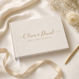 Libro De Visitas Boda Minimalista Chic con Guiones de Oro en Lino B