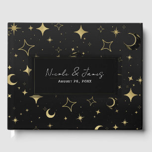 Libro De Visitas Boda Moderna Celestial de Luna y Estrellas Negro y