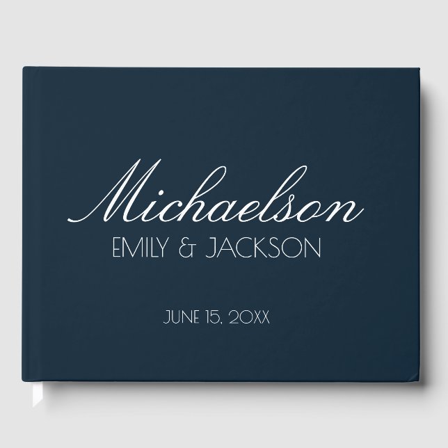 Libro De Visitas Boda Moderna Chic Azul Marino Blanco Script (Anverso)