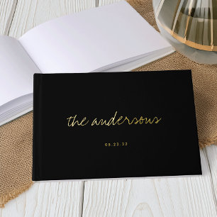 Libro De Visitas Boda moderna con letra manuscrita negra y dorada