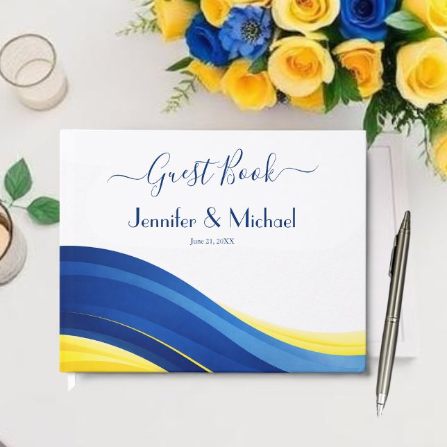 Libro De Visitas Boda moderna de azul cobalto y amarillo (Cobalt Blue and Yellow Modern Wedding Guest Book )