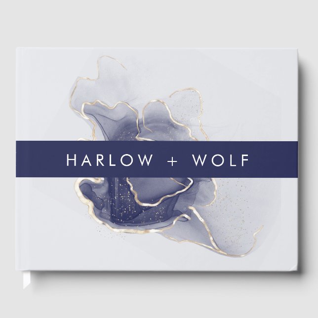 Libro De Visitas Boda moderno elegante de oro de la Marina de Media (Anverso)