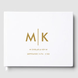 Libro De Visitas Boda Moderno Lujoso Monograma Blanco Oro