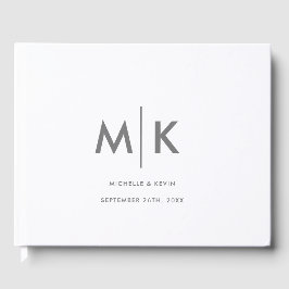 Libro De Visitas Boda Moderno Lujoso Monograma Gris Blanco