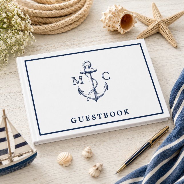 Libro De Visitas Boda Monograma de Ancla Azul Marítimo (Add a nautical designed guestbook to your beach or seaside wedding. )