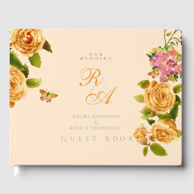 Libro De Visitas Boda monograma de cinta Rosa dorada (Anverso)