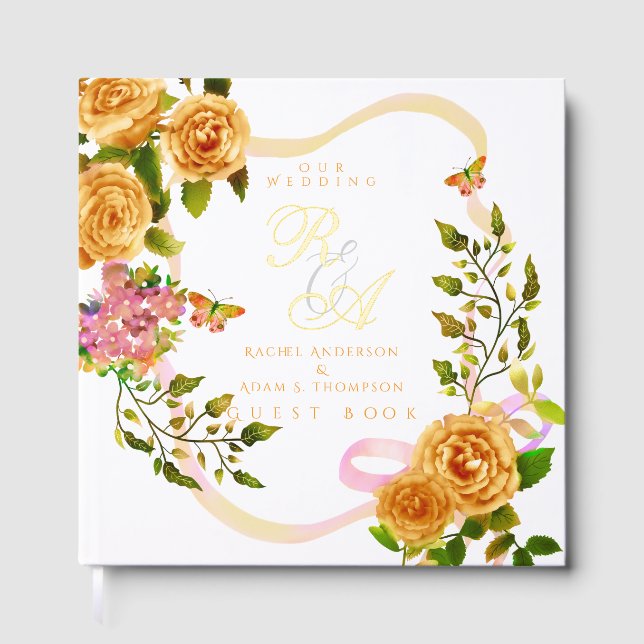 Libro De Visitas Boda monograma de cinta Rosa dorada (Anverso)