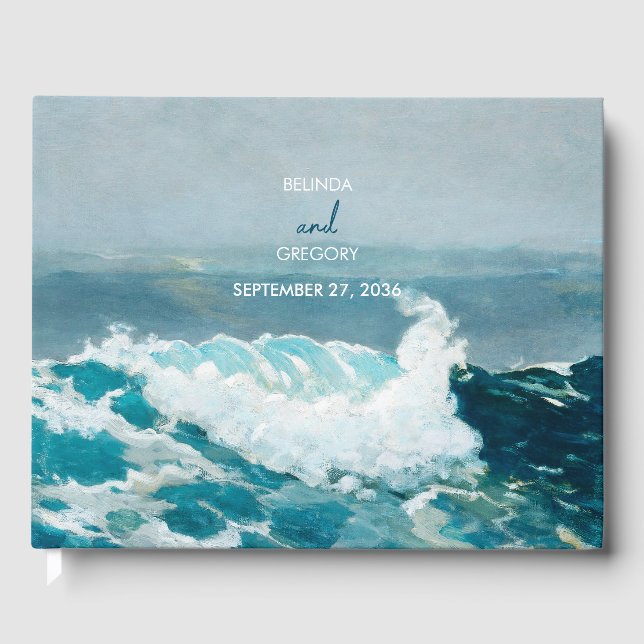 Libro De Visitas Boda Monograma de las olas oceánicas de la playa d (Anverso)