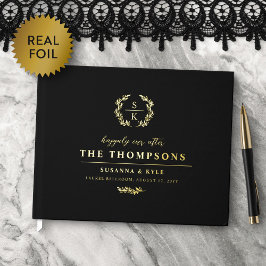 Libro De Visitas Boda Monograma de Laurel de Oro Negro