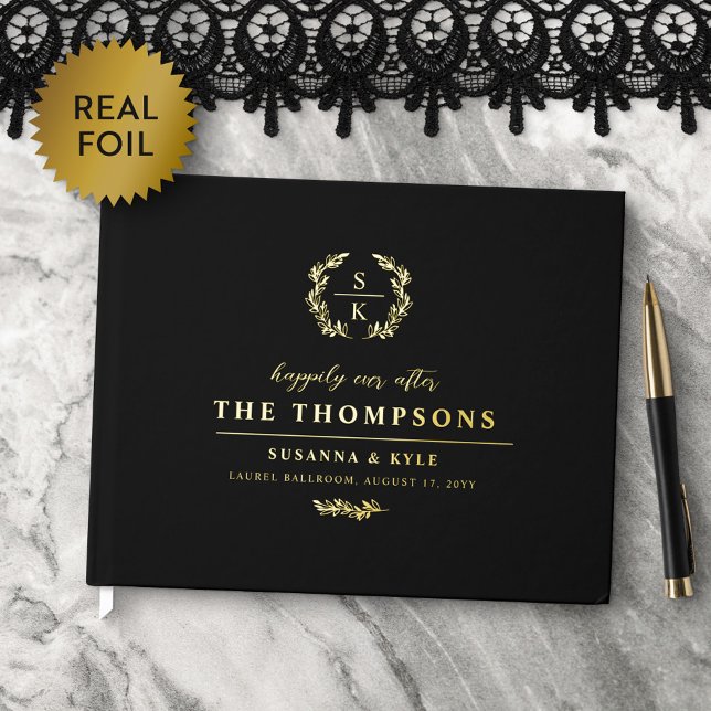 Libro De Visitas Boda Monograma de Laurel de Oro Negro (Subido por el creador)