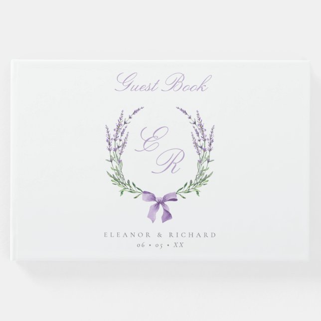 Libro De Visitas Boda Monograma de Wreath y Bow Lavender (Anverso)