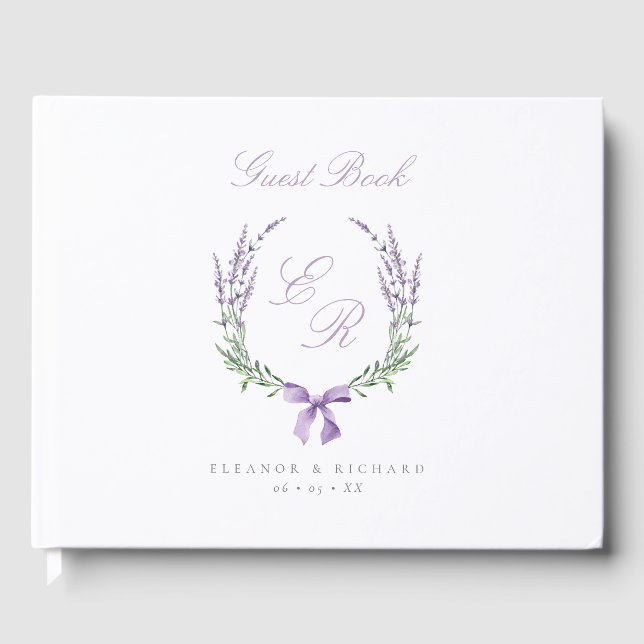 Libro De Visitas Boda Monograma de Wreath y Bow Lavender (Anverso)