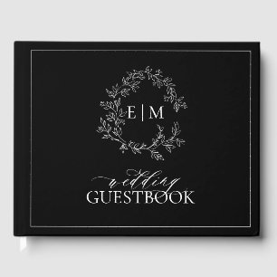 Libro De Visitas Boda Monograma del Escudo de Leafy Blancas Negras