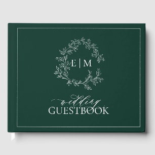 Libro De Visitas Boda Monograma del Escudo Esmeralda Green Leafy