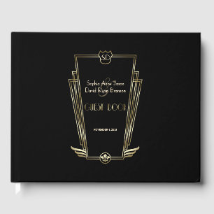 Libro De Visitas Boda Monograma Real de Oro Negro Art Deco