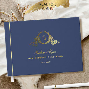 Libro De Visitas Boda Monogramado de moda Marina Azul y Relieve met