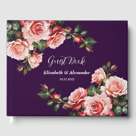 Libro De Visitas Boda morado de rosas rosadas y rojas color morado