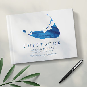 Libro De Visitas Boda Nantucket Map de la Marina Blue Watercolor