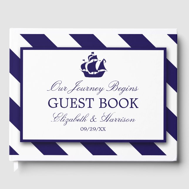 Libro De Visitas Boda Nautical Stripes & Navy Blue Ship (Anverso)