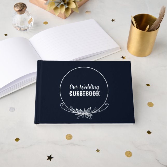 Libro De Visitas Boda Navy Blue y Relieve metalizado plateado (Anverso Abierto)