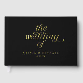 Libro De Visitas Boda Negra con Hojas de Oro Modernas