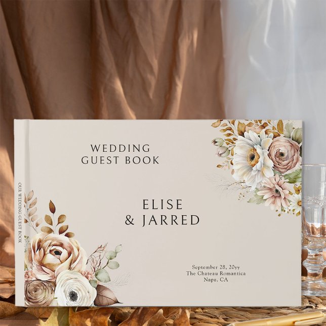 Libro De Visitas Boda neutral de floral marrón marrón rústico (Wedding guest book from the Rustic Floral Brown Neutral Wedding Collection by Darling & May)
