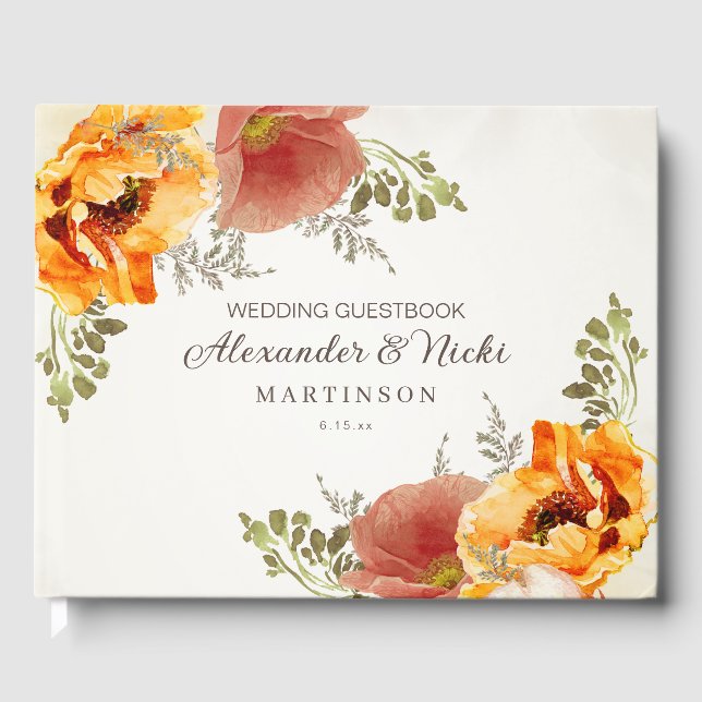Libro De Visitas Boda Otoño Floral Naranja Quemada (Anverso)