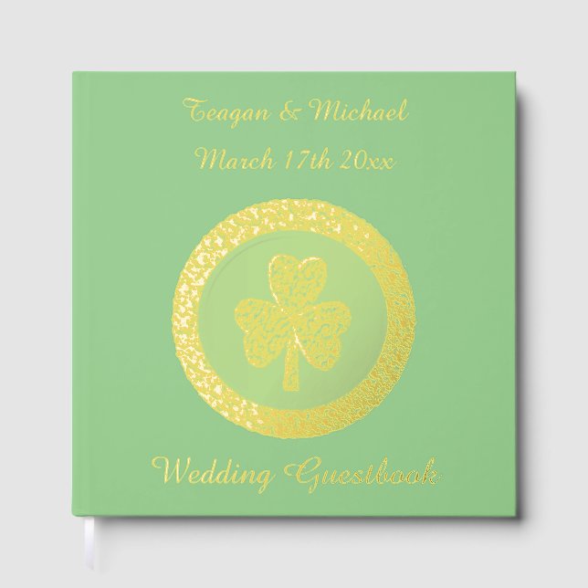 Libro De Visitas Boda personalizada de la moneda de oro Shamrock de (Anverso)