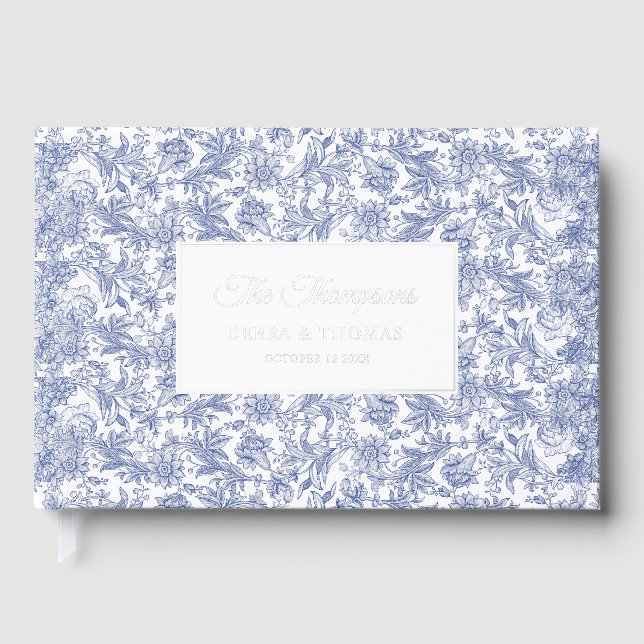 Libro De Visitas Boda Personalizada Toile Francés Floral Azul (Anverso)