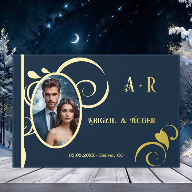 Libro De Visitas Boda Personalizado de oro azul de la Marina Foto R (Real foil wedding guest book with your custom photos framed by elegant swirls on navy blue)