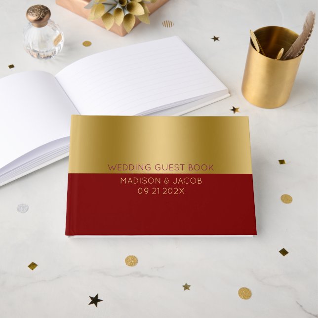Libro De Visitas Boda personalizado de oro y rojo (Anverso Abierto)