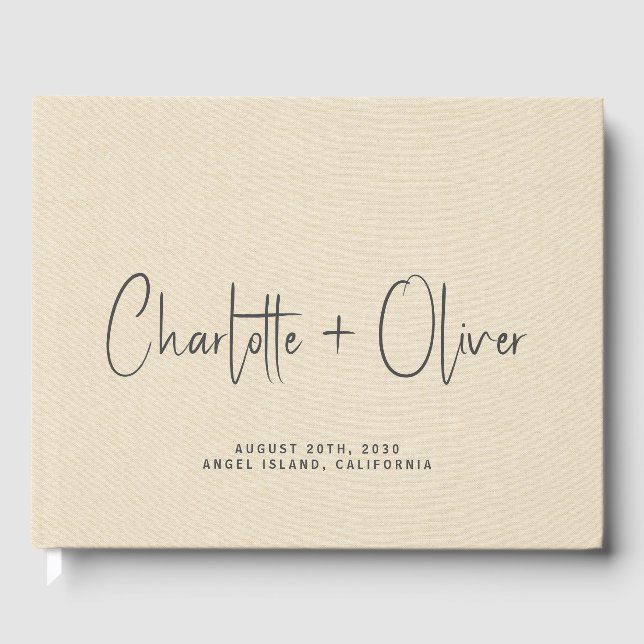 Libro De Visitas Boda personalizado Monograma Crema Faux Linen (Anverso)
