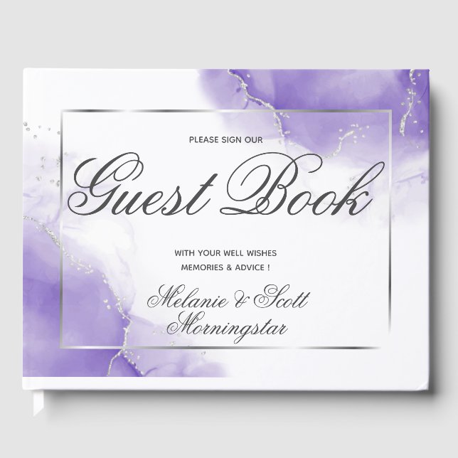 Libro De Visitas Boda | Plata Amethyst Purple Script (Anverso)