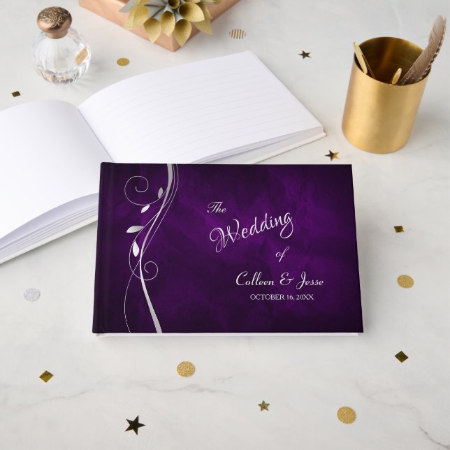 Libro De Visitas Boda Púrpura Profundo De Pan De Plata (Anverso Abierto)