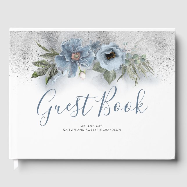 Libro De Visitas Boda Purpurina azul y plateado (Anverso)