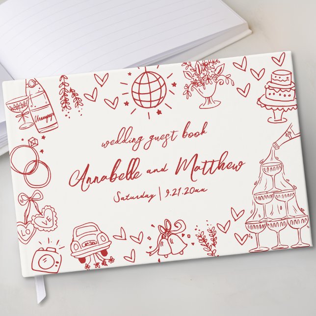 Libro De Visitas Boda rojo ventilado caprichoso de mano dibujado (Hand Drawn Whimsical Vintage Red Wedding Guest Book)