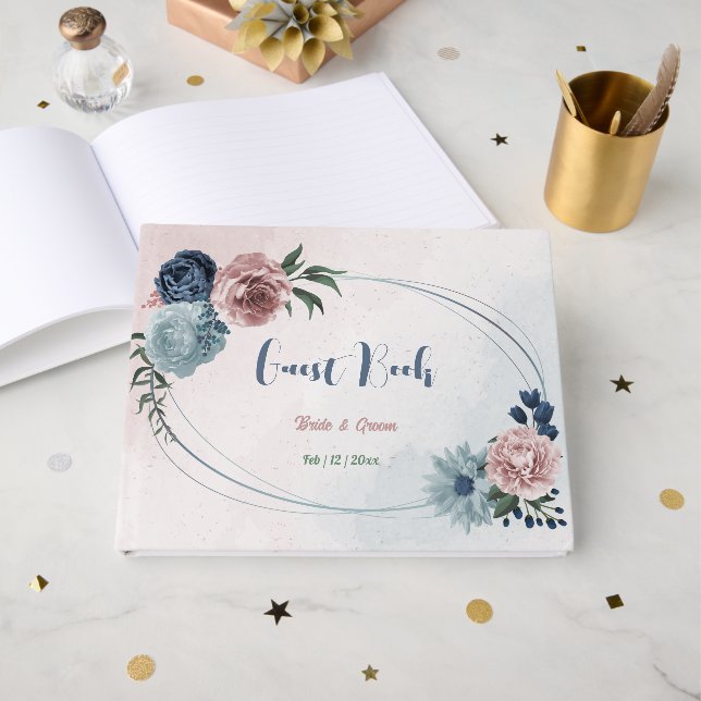 Libro De Visitas Boda romántico de flores azules rosas (Anverso Abierto)