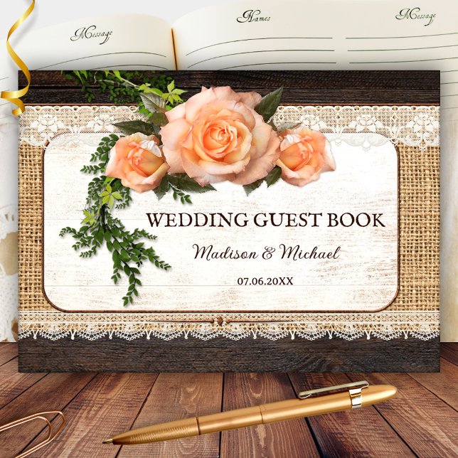 Libro De Visitas Boda romántico de Rustic Wood Rosas (Elegant rustic wedding guest book with roses on lace and burlap. Beautiful for a country wedding)