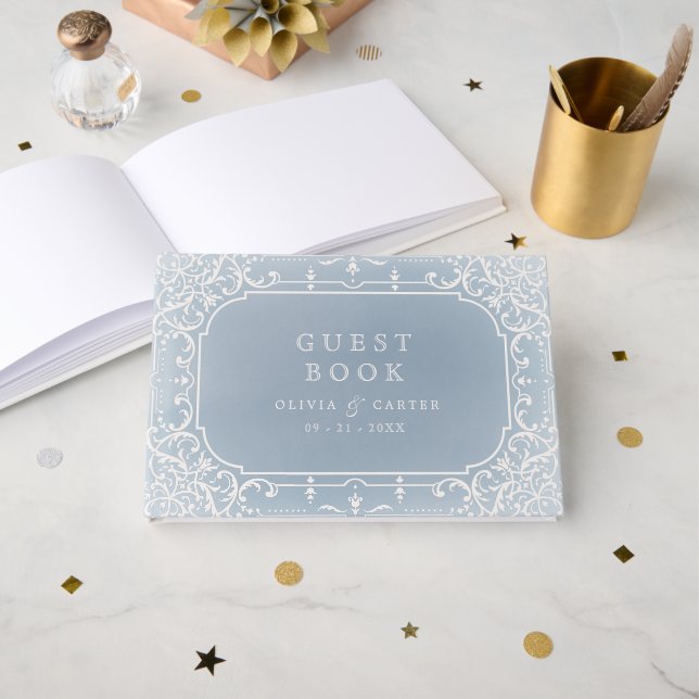 Libro De Visitas Boda romántico elegante azul polvoriento del (Anverso Abierto)
