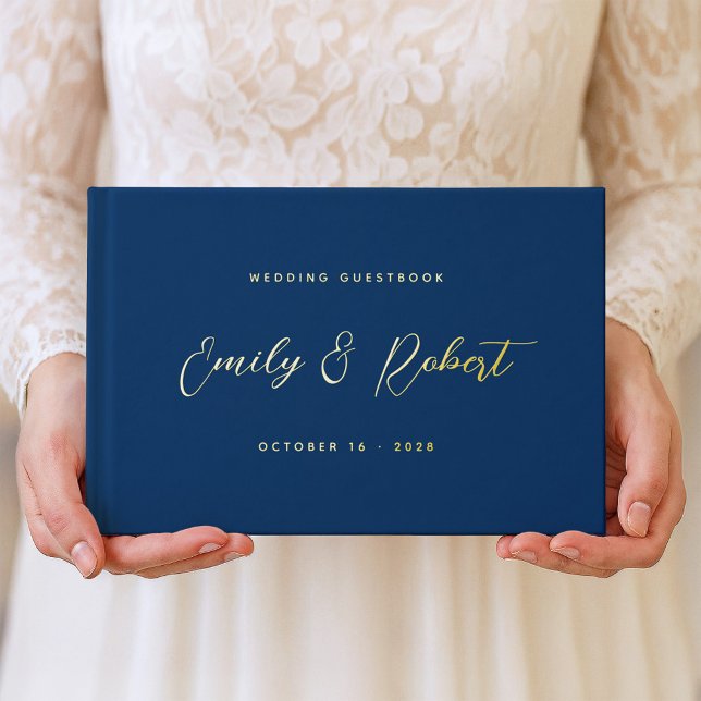 Libro De Visitas Boda Royal Blue and Gold Elegant Script Photo (Subido por el creador)