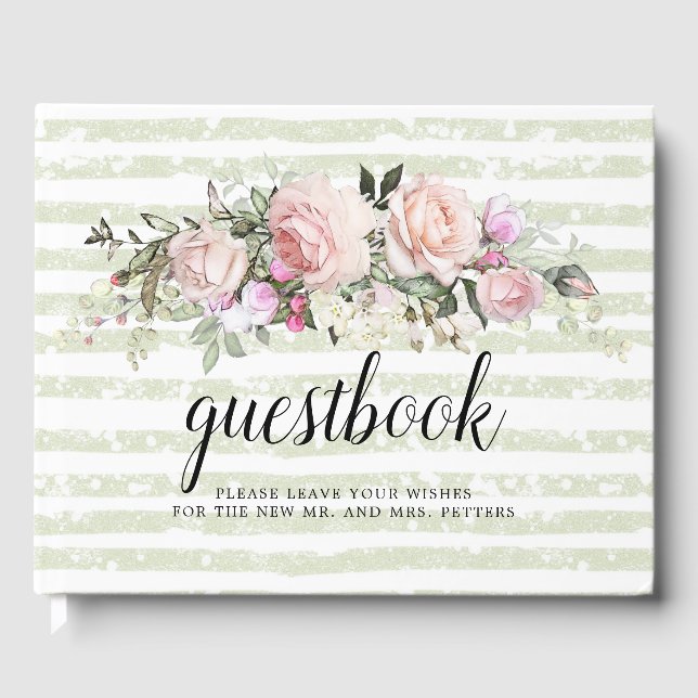 Libro De Visitas Boda Rubor Rosa Floral y Stripe (Anverso)