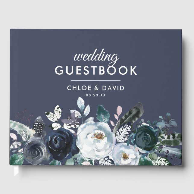 Libro De Visitas Boda Rústica Boho Acuarela Floral Azul (Anverso)