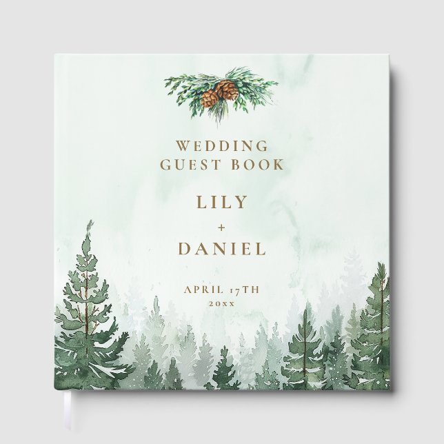 Libro De Visitas Boda rústica de acuarela en bosque de pinos (Anverso)