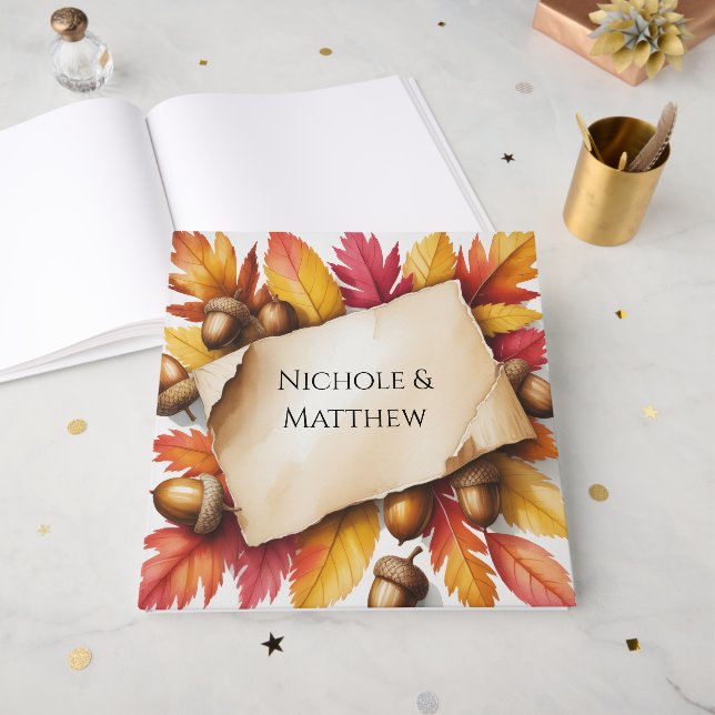Libro De Visitas Boda rústica de hojas de otoño y bellotas al acuar (Anverso Abierto)