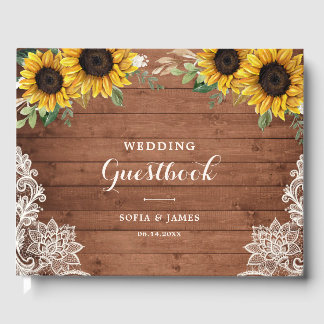 Libro De Visitas Boda Rústica de Madera Girasoles Verdor Encaje