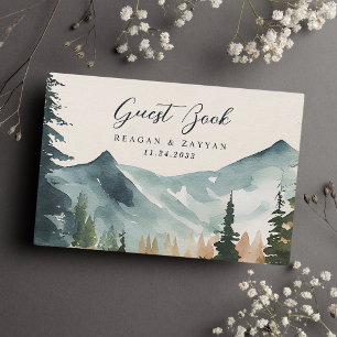 Libro De Visitas Boda Rústica de Montañas y Pinos al Acuarela