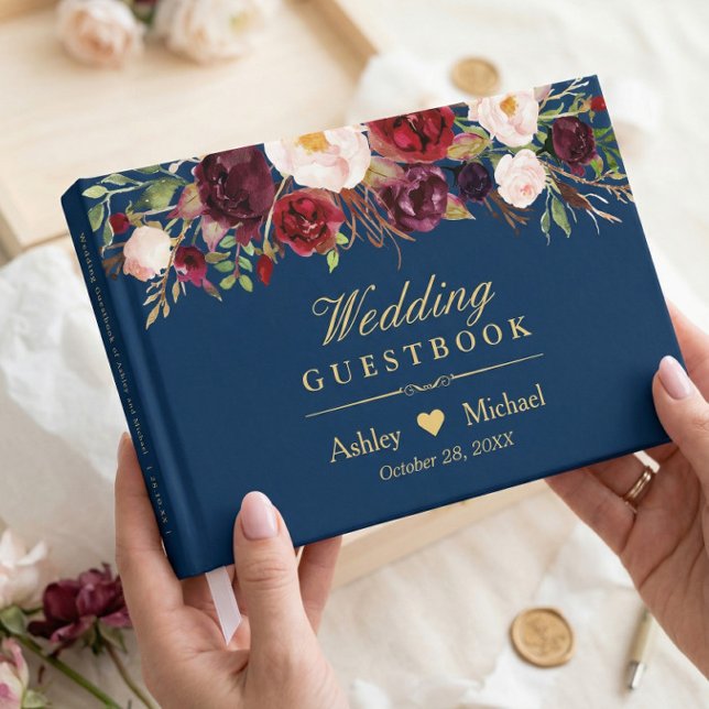 Libro De Visitas Boda Rústica Marsala Rojo Floral Azul Marino (Subido por el creador)