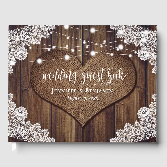 Libro De Visitas Boda Rústico Burlap Lace String Lights (Anverso)