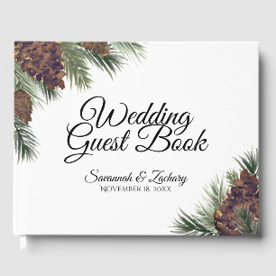 Libro De Visitas Boda Rústico de color acuático de pinecones y palo