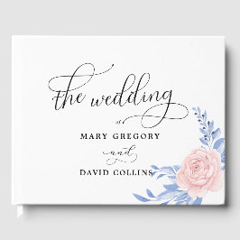 Libro De Visitas Boda Rústico De Flor Rosa Elegante Y Azul Dusto